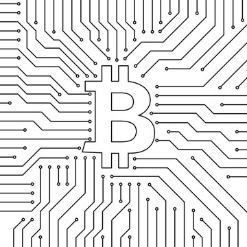Biitcoin cryptocurrency sign inside stylized cicuit pattern