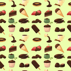 Chocolate various tasty sweets seamless pattern background candies sweet brown delicious gourmet sugar cocoa snack vector illustration