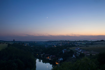 View from Ales lookout to Czech landscape in sunset, blue hour