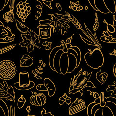 Cartoon cute hand drawn Thanksgiving seamless pattern. Line art detailed, with lots of objects background. Illustration
