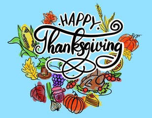 Illustration of Colored Lettering happy thanksgiving with different leaves and vegetables on blue backdrop