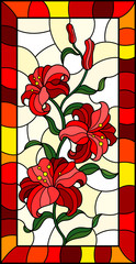 Illustration in stained glass style with a branch of red lilies on a light background, vertical image in bright frame
