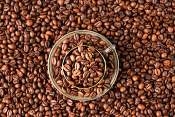 Coffee Cup with coffee beans. Top view