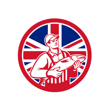 recommend clip art: Icon retro style illustration of a British fishmonger selling fish with United Kingdom UK, Great Britain Union Jack flag set inside circle on isolated background.