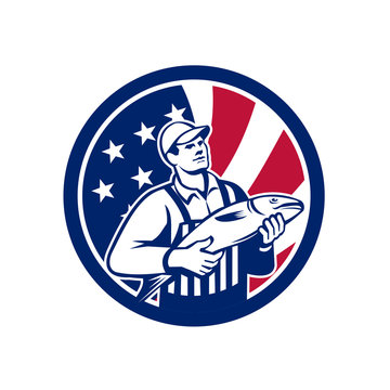 recommend clip art: Icon retro style illustration of an American fishmonger selling fish with United States of America USA star spangled banner or stars and stripes flag inside circle isolated background.