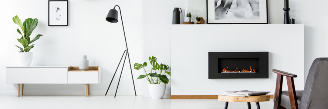 Wall With Poster, Decor And Fireplace In Bright Living Room Interior With Fresh Green Plants, Black Lamp Next To Cupboard And Grey Armchair