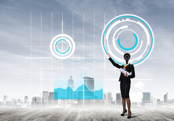 Concept of security and privacy protection with camera headed woman