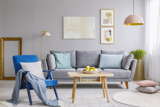 Blue armchair with cushion and blanket standing on the carpet in grey living room interior with fresh apples on wooden coffee table, lounge with pillows and pastel pink lamps
