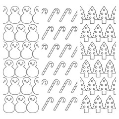 Set of three Christmas patterns with snowman, candy canes and Christmas tree in linear style