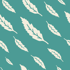 Obraz premium Vector illustration of white leaves seamless pattern. Flat turquoise background. Modern mood and colors