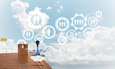 Concept of security and privacy protection with camera headed man meditating