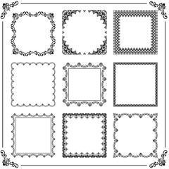 Vintage set of elements. Different square elements for decoration and design frames, cards, menus, backgrounds and monograms. Classic black and white patterns. Set of vintage patterns