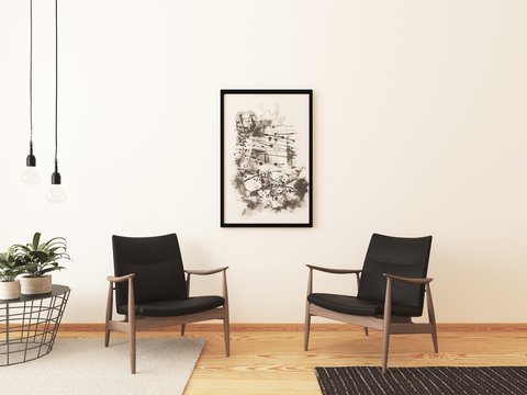 Blick auf zwei Sessel vor einer weißen Wand im Wohnzimmer
