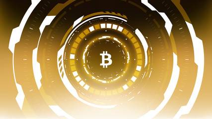 Golden Bitcoin Cryptocurrency Futuristic Sci-Fi Technology Circular HUD Background Illustration. Worldwide Digital Money Blockchain System
