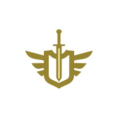golden wing , shield, sword logo design