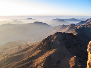 Spectacular aerial view of the holy summit of Mount Sinai, Aka Jebel Musa, 2285 meters, at sunrise, Sinai Peninsula in Egypt.