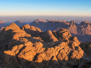 Spectacular aerial view of the holy summit of Mount Sinai, Aka Jebel Musa, 2285 meters, at sunrise, Sinai Peninsula in Egypt.