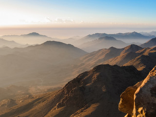 Spectacular aerial view of the holy summit of Mount Sinai, Aka Jebel Musa, 2285 meters, at sunrise, Sinai Peninsula in Egypt.