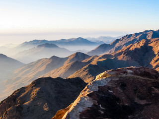 Spectacular aerial view of the holy summit of Mount Sinai, Aka Jebel Musa, 2285 meters, at sunrise, Sinai Peninsula in Egypt.