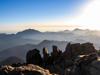 Spectacular aerial view of the holy summit of Mount Sinai, Aka Jebel Musa, 2285 meters, at sunrise,...