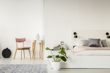 Pink wooden chair in white bedroom interior with plant next to bed on platform. Real photo