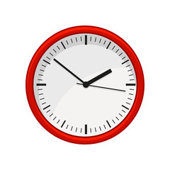 Modern round office wall clock in red color. Time management. Flat vector element for web site, mobile app or flyer of store