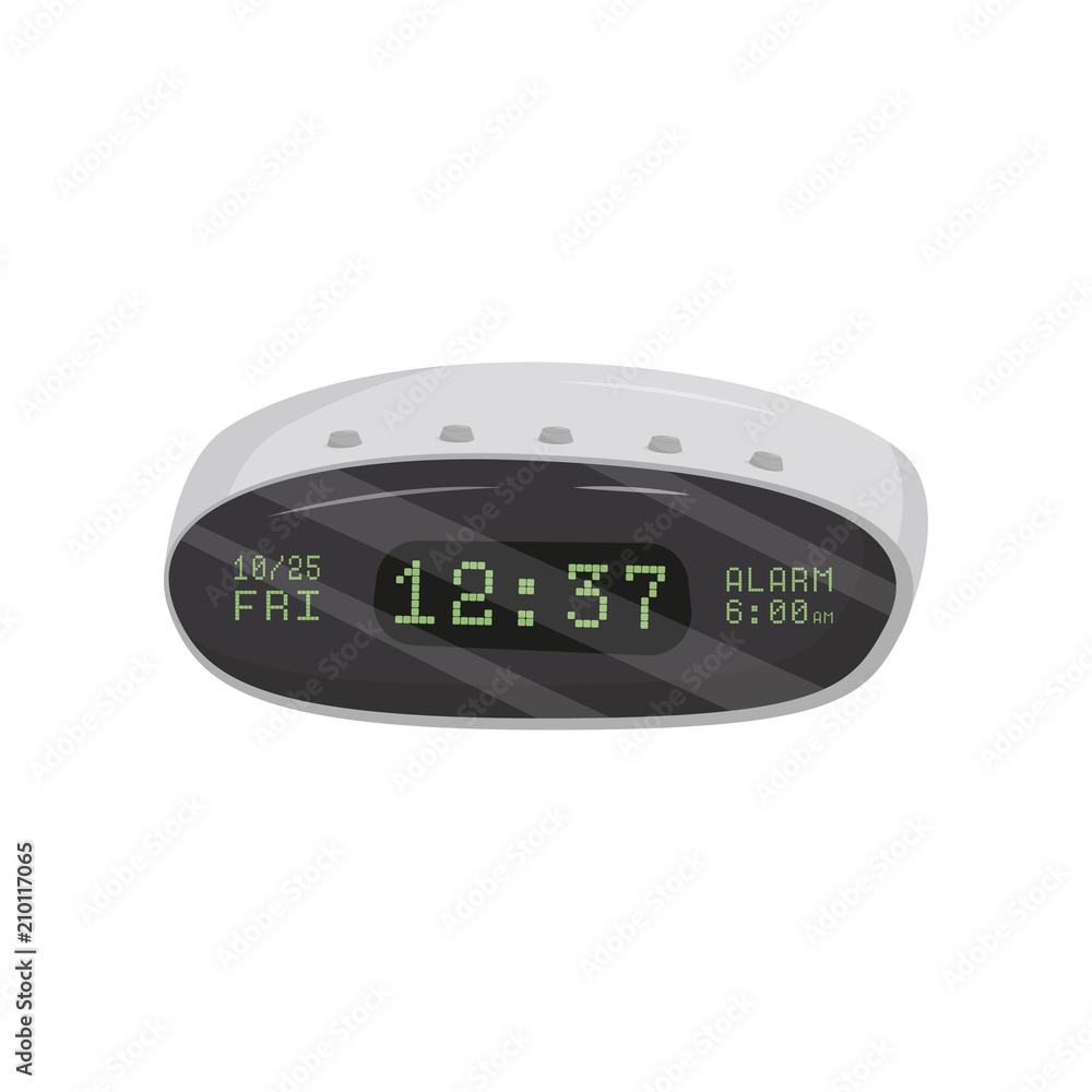 Poster digital alarm clock with black display and green numerals. modern technology. flat vector design for