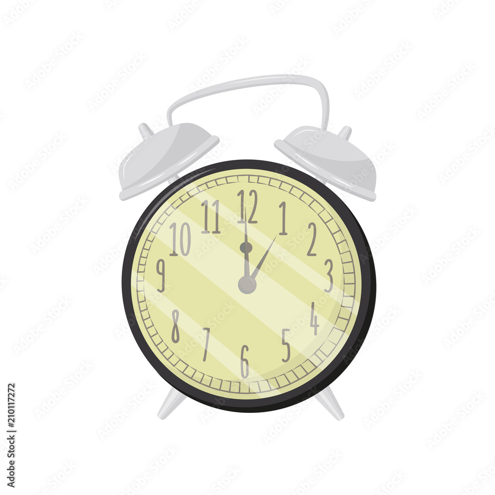 Poster old fashioned alarm clock with black frame, metal handle and bells on top. flat vector for website o