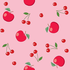 red apples and cherries on rosy background - seamless vector pattern