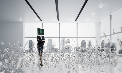 Business woman with monitor instead of head.