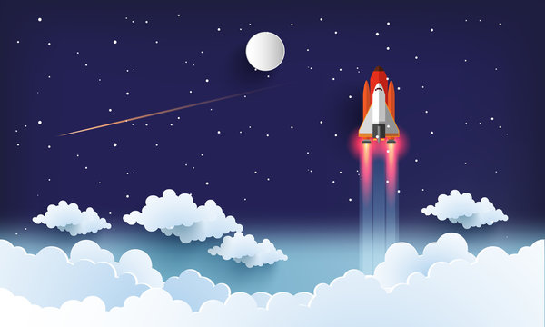 illustration of the shuttle. flying across beautiful clouds at full speed. paper art design