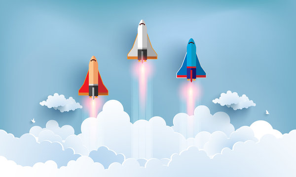 illustration of the shuttle. flying across beautiful clouds at full speed. paper art design