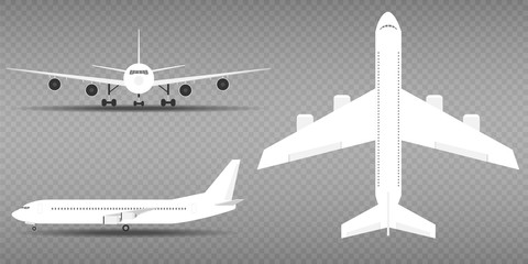 Airplane, realistic white airplane on a gray background. The plane is on three sides.