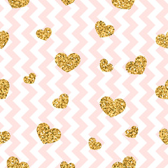 Gold heart seamless pattern. Pink-white geometric zig zag, golden confetti-hearts. Symbol of love, Valentine day holiday. Zigzag design wallpaper, background, texture. Vector illustration