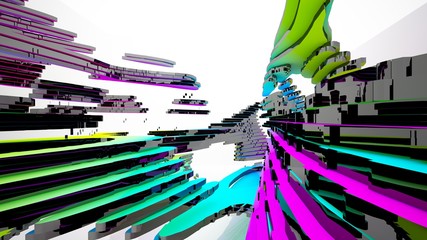 Abstract white and colored gradient  interior multilevel public space with window. 3D illustration and rendering.