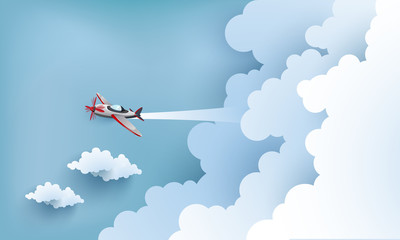 illustration of  airplane over a clouds and mountains.