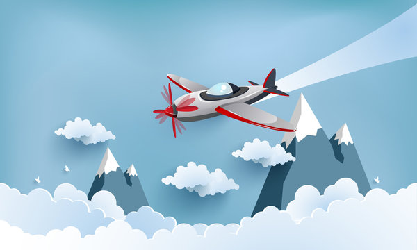 illustration of  airplane over a clouds and mountains.