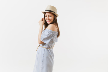 Young tender elegant charming woman dressed blue dress, cute hat with long brunette hair posing isolated on white background. People, sincere emotions, lifestyle concept. Advertising area. Copy space.