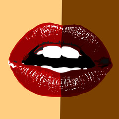 Red lipstick kiss with teeth on yellow skin and brown niger skin background. Realistic vector illustration.