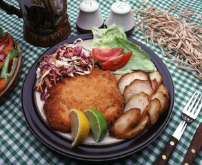 Weiner schnitzel with coleslaw and fried potatoes