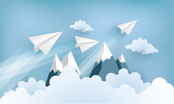 illustration of an airplane over a clouds and mountains.