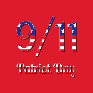 Patriot Day in the United States. 11 September. Text with USA flag image. Red background