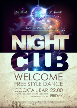 Disco ball background. Disco night club poster on open space background