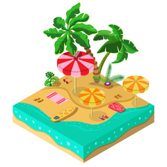 Tropical island. Sea, palm, surfboard,parasol and sandals. 3D isometric view. Vector illustration.