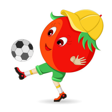 Tomato soccer player. Cartoon character. Isolated on white background. Vector illustration.