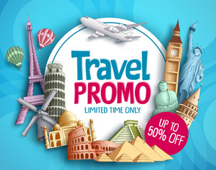 Travel promo vector banner design with world's famous tourist landmarks elements and white space for promotion text. Vector illustration.
