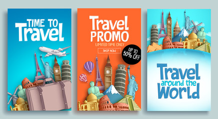 Travel poster set vector template design with promo text and world's famous landmarks and tourist destinations elements in colorful background. Vector illustration.
