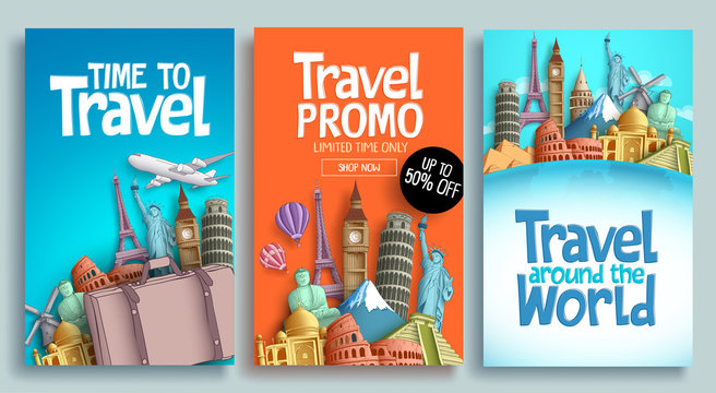 Travel poster set vector template design with promo text and world's famous landmarks and tourist destinations elements in colorful background. Vector illustration.
