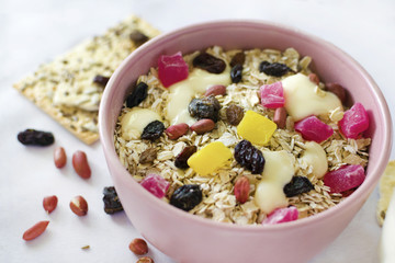 Muesli with dried fruits. Delicious and healthy breakfast.