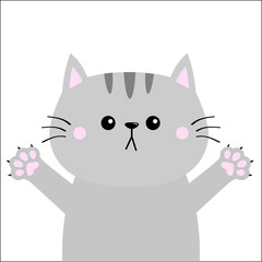 Gray cat ready for a hugging. Open hand pink paw print nails. Kitty reaching for a hug. Funny Kawaii animal. Baby card. Cute cartoon character. Pet collection. Flat design White background.